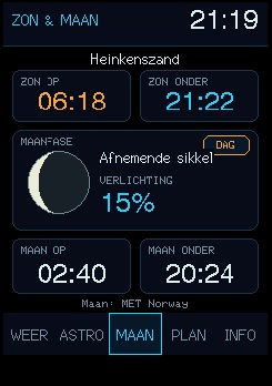 Het werkelijke MAAN-scherm met zonnetijden, maanfase en maanvenster