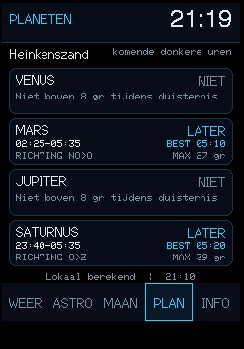 Het werkelijke PLAN-scherm met zichtbaarheid en beste tijden per planeet